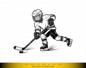 Boy Playing Hockey SVG, Ice Hockey Action Cut File, Skating Athlete Silhouette, Youth Team Sports Design for Cricut and Laser Engraving
