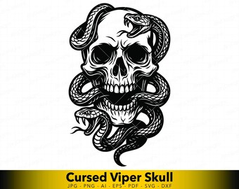 SVG de Crânio de Serpente, Vetor de Crânio com Serpente, Arte Linear de Crânio para Tatuagem Gótica para Cricut