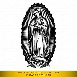 Pode incluir: Ilustração a preto e branco de uma figura religiosa em oração, rodeada por um oval radiante. A figura usa uma túnica longa e um véu. Um anjo está na parte inferior. A imagem é um download digital.