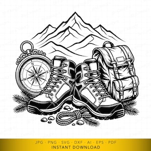 May include: Black and white illustration of hiking gear, including a pair of boots, a backpack, and a compass. A mountain range is in the background. A rope and small rocks are in the foreground. The image is a digital download.