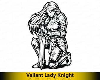 Kvinnlig riddare SVG krigare med svärddesign, knäböjande medeltida kvinna vektor för Cricut, laserskärning, CNC-plasma, fantasy line art