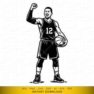 May include: Black and white illustration of a basketball player celebrating a victory. The player is wearing a jersey with the number 12 and holding a basketball. The player has one arm raised in a fist.
