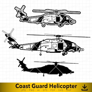 May include: Black and white silhouette of a Coast Guard helicopter. The helicopter has a distinctive design with a large rotor and a long fuselage. The helicopter is shown in three different positions, with the rotor blades in different positions.