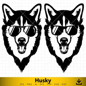 Svg Husky, chien, silhouette de chiot, visage husky, loup svg, svg de loup avec des lunettes de soleil, fichier vectoriel pour la découpe et la gravure