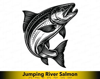 Salmon SVG, Jumping Salmon Vector, Fishing Fish Line Art for Cricut and Laser Cut