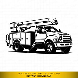May include: Black and white illustration of a utility truck with an extended boom lift. The truck has a detailed design, including storage compartments and large tires. The image is a digital download in various file formats.