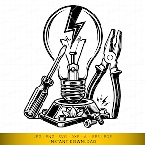 Electrician Logo SVG, Light Bulb Lightning Bolt with Tools, Electrical Contractor Emblem Vector File for Cutting and Laser Engraving