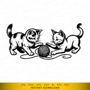 May include: Black and white illustration of two kittens playing with a ball of yarn. One kitten is standing, the other is lying down. The kittens are in a playful pose, with the yarn between them.