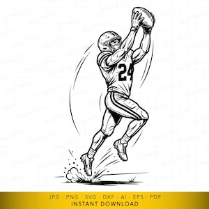 Op de afbeelding: Zwart-wit illustratie van een American footballspeler die een bal vangt. De speler draagt een helm en een shirt met nummer 24. De afbeelding is een vectorafbeelding, geschikt voor digitaal gebruik.
