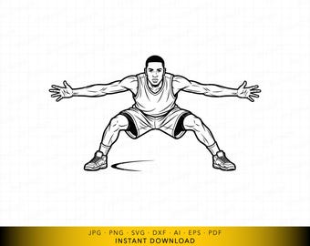 Arquivo vetorial SVG de jogador de basquete em posição defensiva, design para treinamento esportivo para Cricut e gravação a laser.