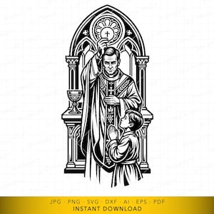 May include: Black and white illustration of a priest performing a religious ceremony. The priest is holding up a communion wafer, with a young boy kneeling in prayer. The image is set against an arched backdrop with a chalice.