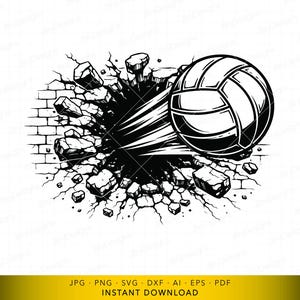 Może przedstawiać: Czarno-biała grafika przedstawiająca piłkę do siatkówki przebijającą się przez ceglany mur. Piłka jest w ruchu, z liniami prędkości wychodzącymi z punktu uderzenia. Obraz jest projektem cyfrowym.