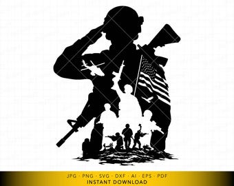 Saluting Soldier SVG, American Flag Military Tribute, Honor Service Silhouette, Military Soldier SVG, Patriotic Veteran svg, SVG Vector File