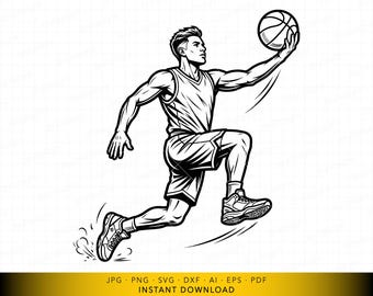 Arquivo vetorial SVG de jogador de basquete, pose de arremesso de atleta masculino, ação esportiva, para Cricut e gravação a laser.