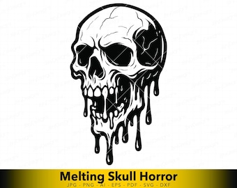 SVG de Crânio Escorrendo, Vetor de Perfil Lateral de Crânio Derretendo, Arte Linear de Crânio Gótico de Terror para Cricut