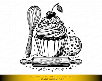 SVG para hornear cupcakes, archivo digital de utensilios de repostería, SVG para hornear, cupcake de cereza con batidor y rodillo para Cricut y grabado láser.