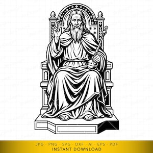 Puede incluir: Ilustración en blanco y negro de una figura sentada con barba larga, vestida con túnicas y sosteniendo un cetro. La figura está sentada en un trono ornamentado con respaldo arqueado decorativo. Descarga digital.
