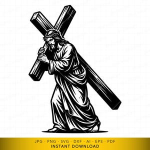 May include: Black and white illustration of a figure carrying a large cross. The figure is depicted with long hair and a beard, wearing a robe and a crown of thorns. The image is a vector graphic, suitable for digital art and print.