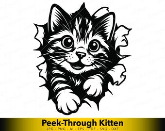 Gato fofo espiando pela parede em SVG, vetor de gatinho de desenho animado para Cricut, arte linear engraçada de animal para adesivos e decalques.
