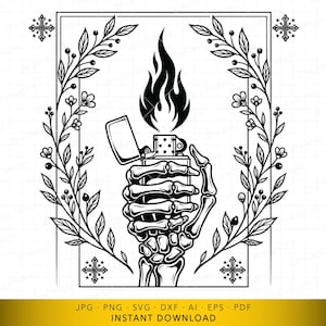 May include: Black and white illustration of a skeleton hand holding a lighter with a flame. The design is framed by a floral border and decorative crosses. The image is a digital download.