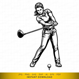 Kvinnlig golfspelares swing SVG, kvinna golfspelare som slår boll silhuett stil vektorfil för Cricut och lasergravering