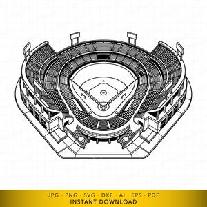 May include: Black and white line drawing of a baseball stadium, showing the field, seating, and exterior structure. The image is a top-down view, with the field in the center and the stands surrounding it. The image includes the text "INSTANT DOWNLOAD".