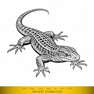 Può includere: Illustrazione in bianco e nero di una lucertola, con squame dettagliate e una coda curva. L'immagine mette in risalto la consistenza e la forma del rettile. Adatta per arte digitale o stampa. Sfondo bianco.