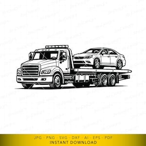 Puede incluir: Ilustración en blanco y negro de una grúa que transporta un coche. La grúa tiene una parrilla delantera detallada, faros y una plataforma. El coche es un sedán, y la imagen es un gráfico vectorial.