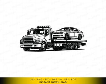 SVG de caminhão de reboque, ilustração de recuperação de veículos em plataforma, gráfico de serviço de transporte de carros, carro em caminhão de reboque SVG, caminhão de reboque para assistência rodoviária SVG