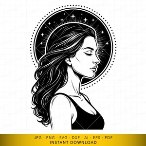 Donna celeste SVG, profilo della dea della luna con aureola stellare, design lunare femminile, file vettoriale per taglio e incisione