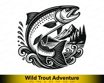 Salmon SVG Jumping Fish Design, Decorative River Salmon Vector for Cricut, Laser Cut, CNC Plasma, Engraved Outdoor Line Art