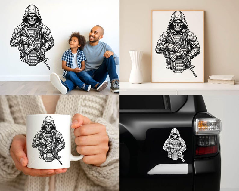 Puede incluir: Ilustraci&oacute;n en blanco y negro de una figura de calavera con capucha sosteniendo un rifle. El dise&ntilde;o se presenta en una calcoman&iacute;a de pared, una impresi&oacute;n enmarcada, una taza de caf&eacute; y una calcoman&iacute;a para autom&oacute;vil. La figura lleva equipo t&aacute;ctico.