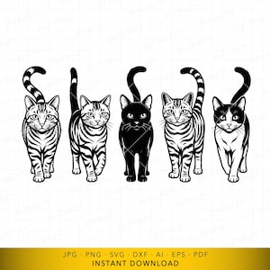 Puede incluir: Ilustración en blanco y negro con cinco gatos en diferentes poses. Los gatos tienen varias marcas, incluyendo rayas y colores sólidos. La imagen incluye el texto "JPG PNG SVG DXF AI EPS PDF DESCARGA INSTANTÁNEA".