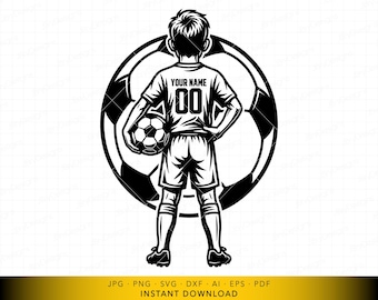 Boy Soccer Player SVG with Custom Name and Number, Youth Football Player Back View Design, Vector File for Cutting and Engraving