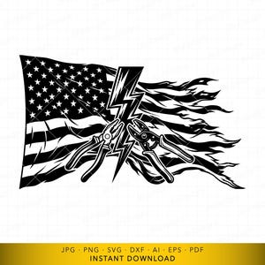 May include: Black and white graphic of an American flag with a lightning bolt and two pairs of pliers. The flag is tattered, and the pliers are positioned on either side of the lightning bolt.