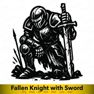 May include: Black and white illustration of a fallen knight kneeling, resting a large sword on the ground. The knight is wearing full armor and a helmet. The image includes the text "Fallen Knight with Sword".