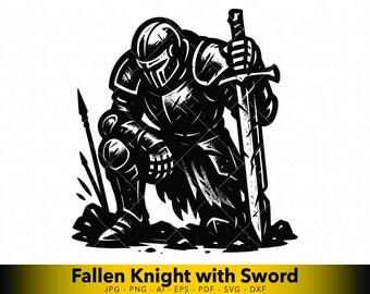Caballero guerrero SVG arrodillado con espada, vector de fantasía oscura medieval para corte láser, plasma CNC, archivo de arte lineal de caballero gótico