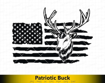 Patriotic Deer SVG | Distressed USA Flag with Buck Head | Hunting American Flag Cut File for Cricut & Glowforge
