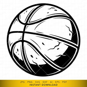 May include: Black and white illustration of a basketball. The design features the classic panel lines and textured surface of a basketball. The image is a digital graphic, suitable for various applications. The bottom of the image includes file type information.