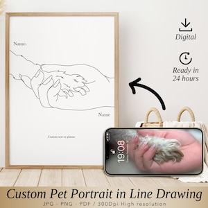 May include: A digital illustration of a pet paw and a human hand holding each other. The image is in black and white and is a line drawing style. The text "Name." and "Name" are included in the image. The text "Custom text or phrase" is also included in the image.