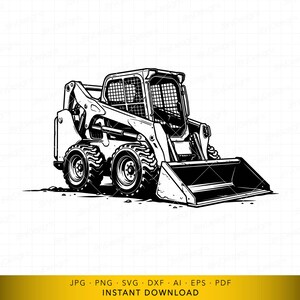 May include: Black and white illustration of a skid steer loader. The compact construction vehicle has a bucket, a cab with a protective cage, and large tires. The image is a digital drawing, suitable for construction-themed designs.