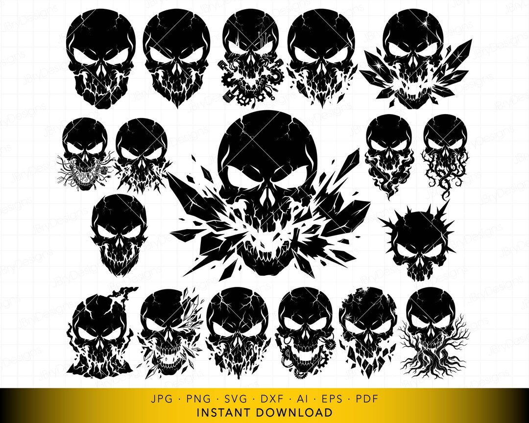 Exploding Type Faces Skull Bundle SVG, Angry Exploding Skull Faces Cut File, Hardcore Biker ...