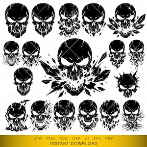 May include: A collection of black skull designs with various graphic elements. The skulls have different styles, including cracked, floral, and geometric patterns. The image includes the text "JPG • PNG • SVG • DXF • AI • EPS • PDF INSTANT DOWNLOAD".