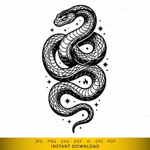 May include: Black and white illustration of a coiled snake with intricate scale details. The snake is surrounded by stars and a small flame. The image includes the text "INSTANT DOWNLOAD" and file type options.