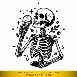 May include: A monochrome illustration depicts a skeleton holding an ice cream cone. The design includes stars, leaves, and coffee beans. The image also features the text "INSTANT DOWNLOAD".