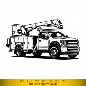 May include: Black and white illustration of a utility truck with a boom lift. The truck has a storage compartment and a bucket lift. The image includes the text "JPG PNG SVG DXF AI EPS PDF INSTANT DOWNLOAD".