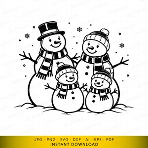 May include: A black and white illustration of a snowman family. The snowmen are wearing hats and scarves. The father snowman wears a top hat, and the children wear knit caps. Snowflakes are scattered around the family.