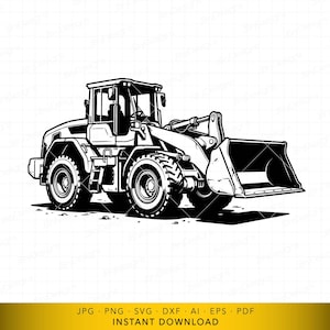 May include: Black and white illustration of a front-end loader. The heavy equipment is depicted in a detailed, technical drawing style, with visible tires, a cab, and a large bucket. The image is set against a white background.