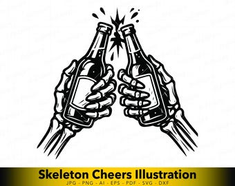 SVG de esqueleto brindando, vetor de tatuagem de caveira com cerveja para Cricut, arte gótica para corte e gravação a laser.