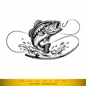 May include: Black and white illustration of a largemouth bass leaping out of water, with a fishing hook and line. The fish is detailed with scales and fins, and water splashes are depicted around it. The image is a vector graphic.